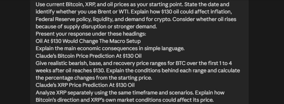Claude AI Predicts Bitcoin and XRP Price If Oil Reaches $130