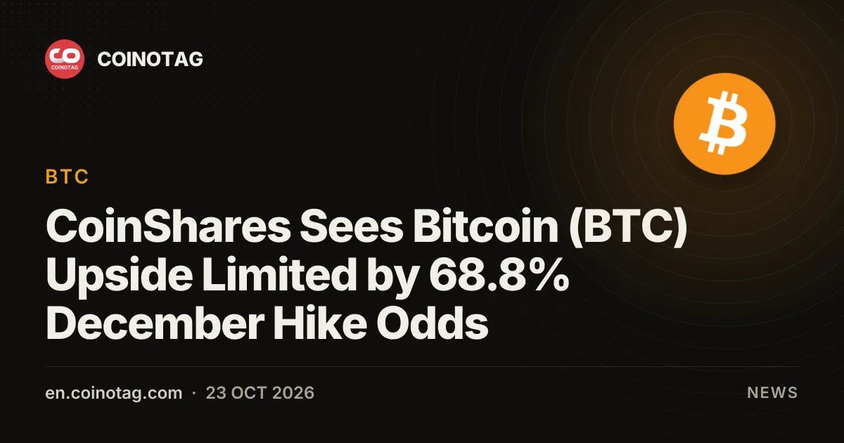 CoinShares Sees Bitcoin (BTC) Upside Limited by 68.8% December Hike Odds