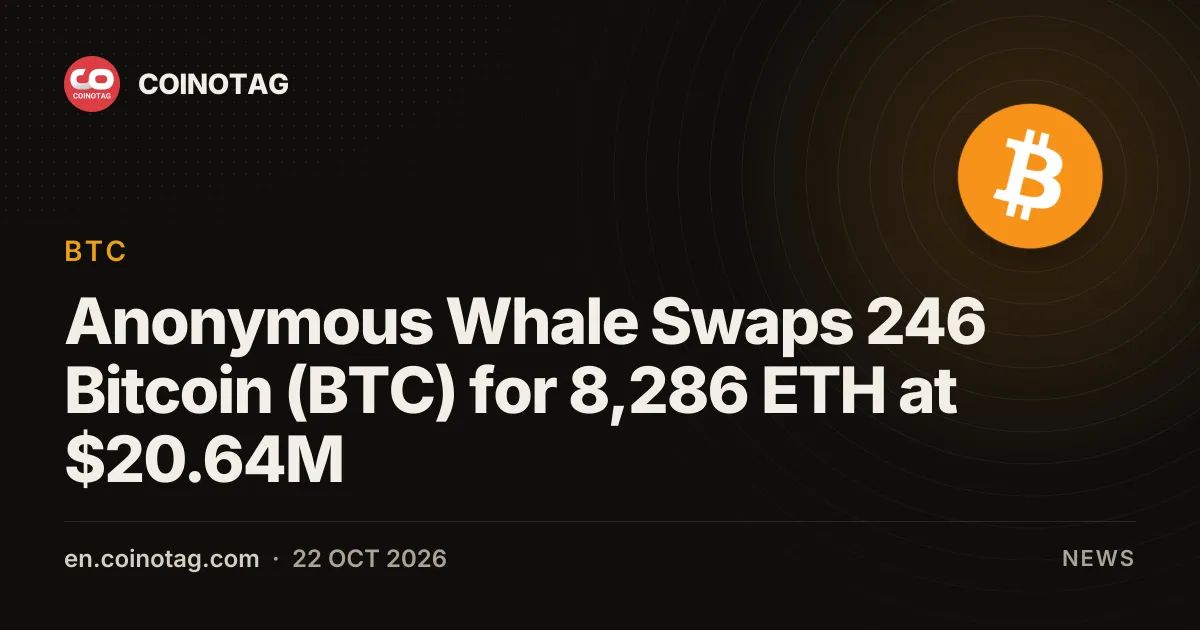 Anonymous Whale Swaps 246 Bitcoin (BTC) for 8,286 ETH at $20.64M