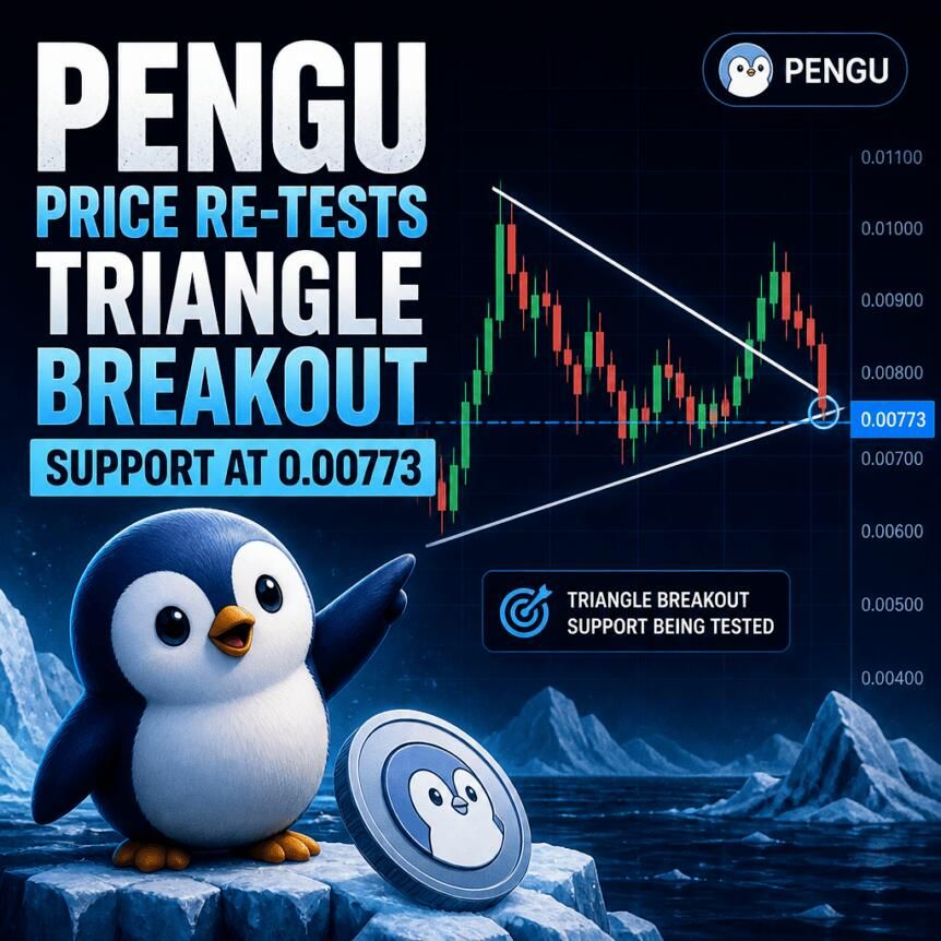 Pengu Price Re-Tests Triangle Breakout Support At 0.00773