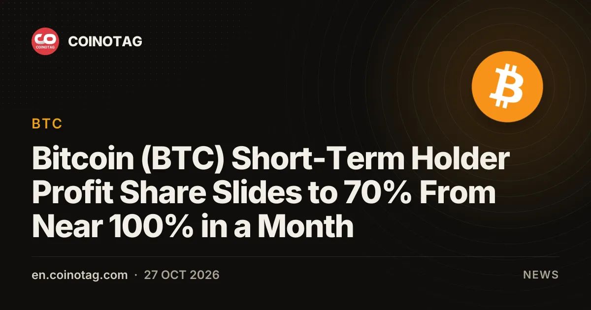 Bitcoin (BTC) Short-Term Holder Profit Share Slides to 70% From Near 100% in a Month