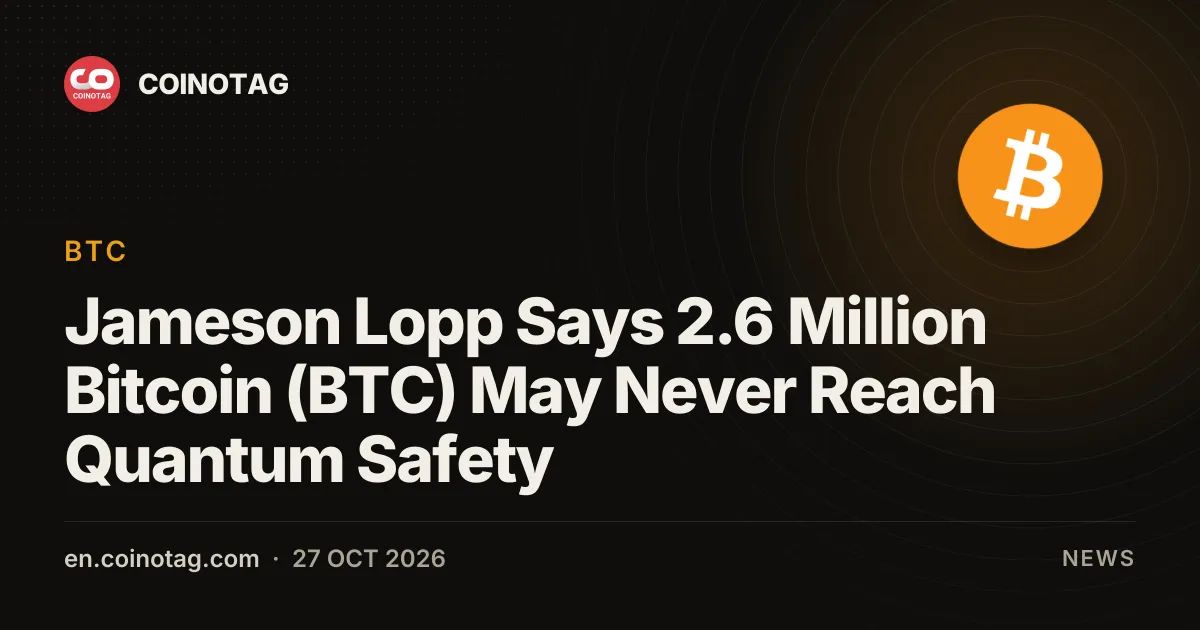 Jameson Lopp Says 2.6 Million Bitcoin (BTC) May Never Reach Quantum Safety
