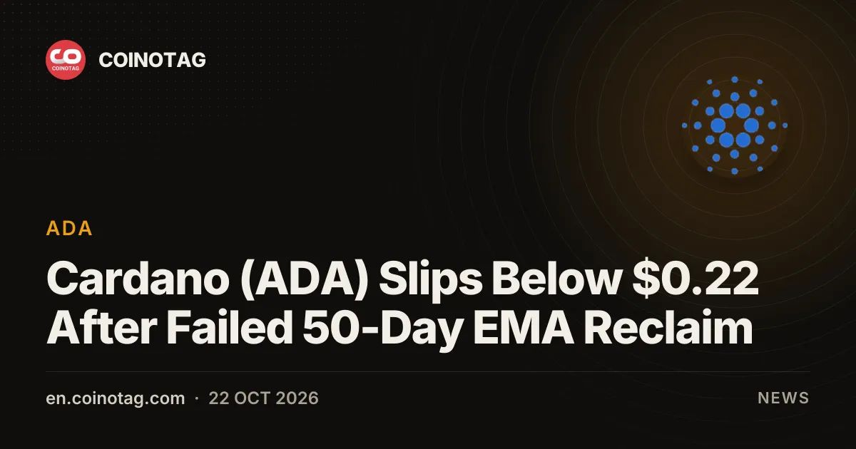 Cardano (ADA) Slips Below $0.22 After Failed 50-Day EMA Reclaim