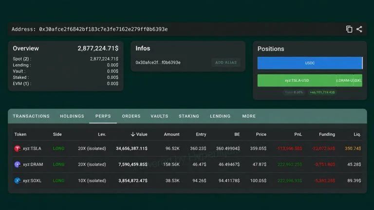 Hyperliquid Whale Down $9 Million This Week Flips to a 20x Tesla Bet