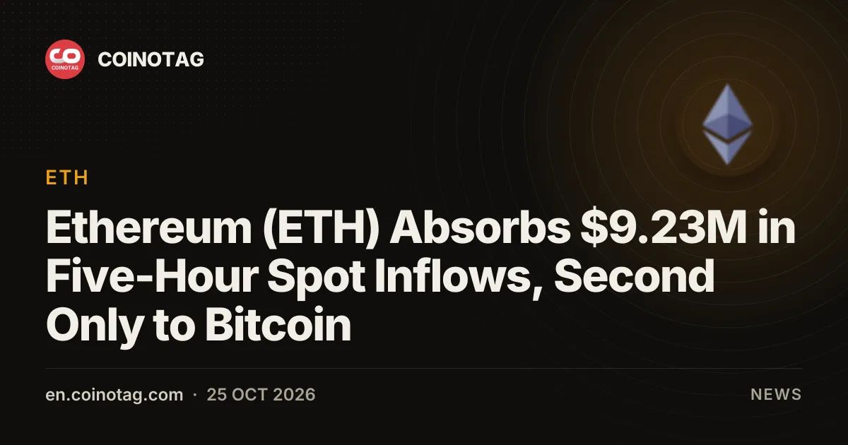 Ethereum (ETH) Absorbs $9.23M in Five-Hour Spot Inflows, Second Only to Bitcoin