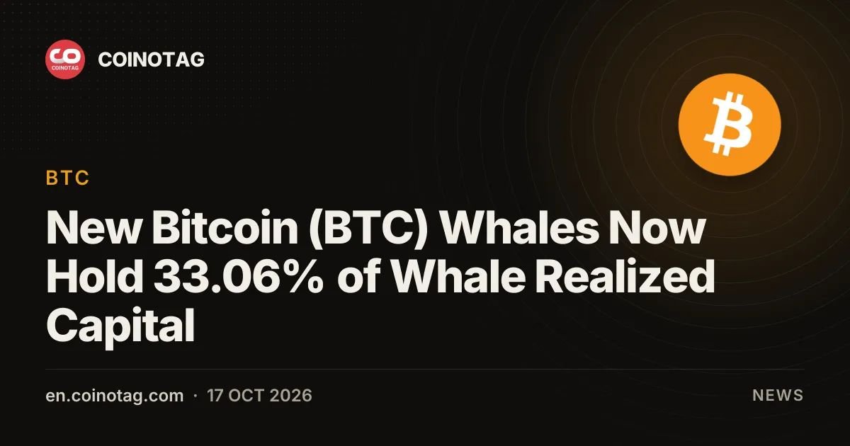 New Bitcoin (BTC) Whales Now Hold 33.06% of Whale Realized Capital