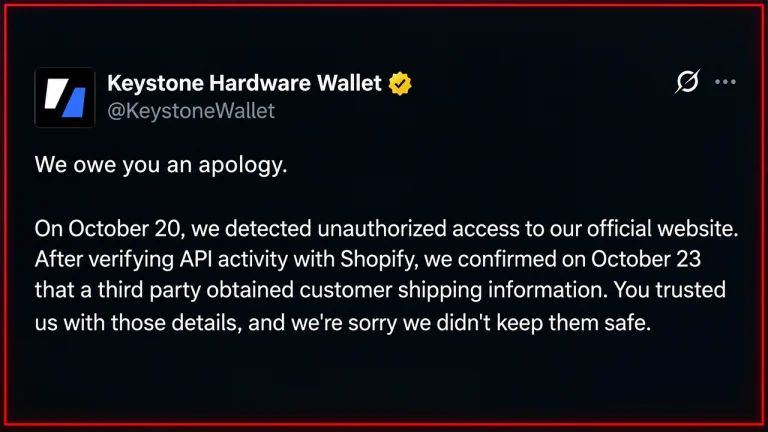 Keystone Wallet Data Breach Exposes Buyers’ Addresses to Scammers